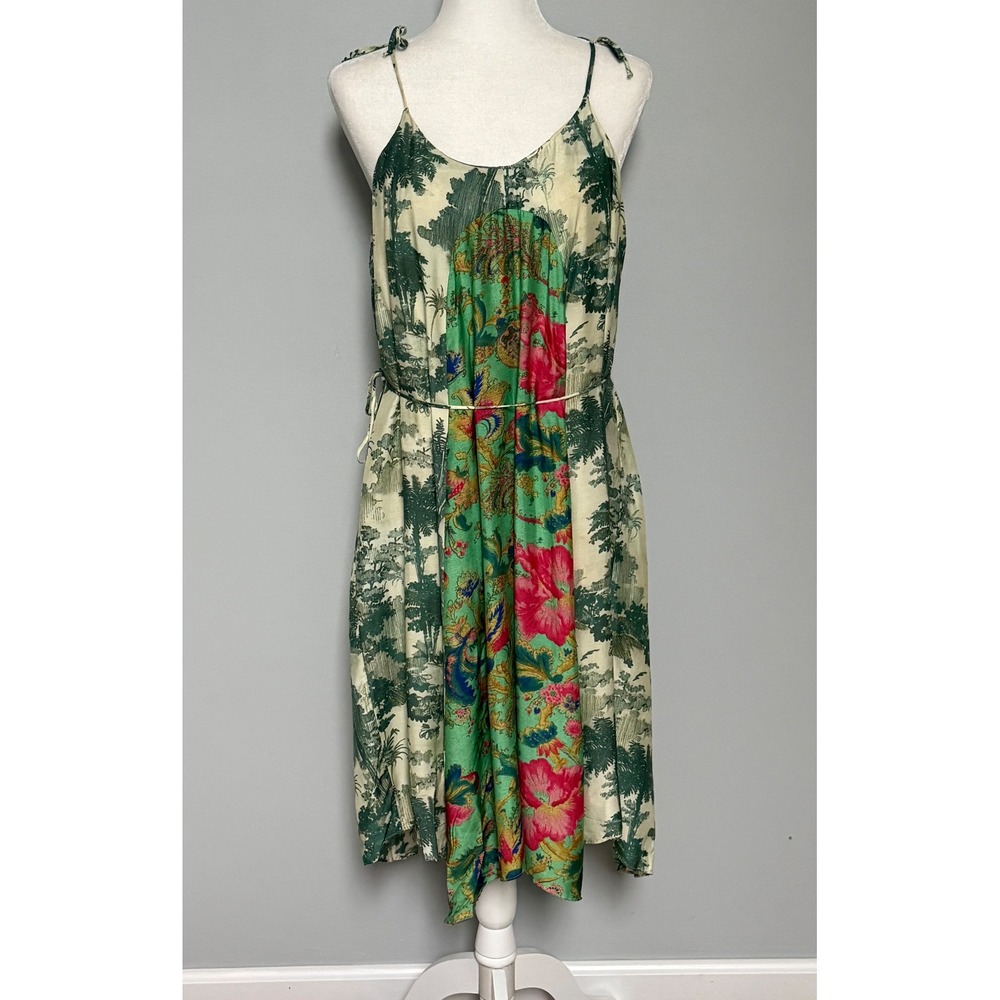 Maeve Anthropologie Santee Swing Dress Green Floral Tropical Silk Blend Size M